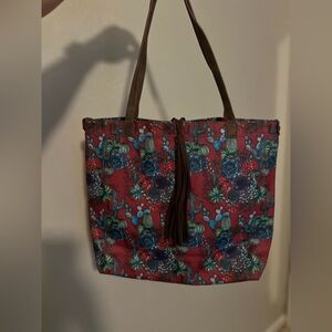 EUC Catchfly Cactus and Succulent Floral Patterned Tote Bag with Brown Straps